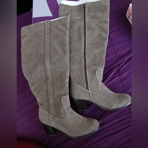 Olive Suede Knee High Boots with stack heel
